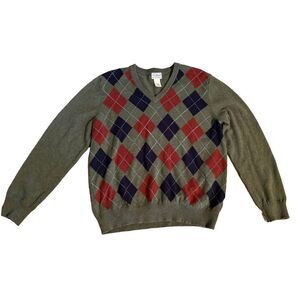 LL Bean Sweater Mens Large Tall Olive Green Lambswool Argyle V Neck Pullover
